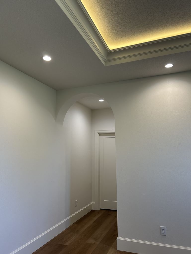 Hallway with warm LED cove lighting in a tray ceiling and recessed lights over an arched doorway
